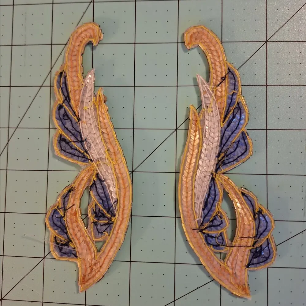 Blue gold silver sequin and bead appliques 2 mirror pairs